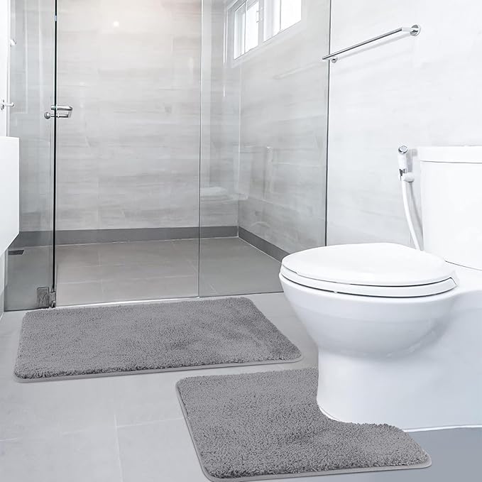 Non-Slip Bath Mat Set of 2, Luxury Thick Microfiber Shaggy Bathroom Rugs, 50 X 80 CM Soft Plush Shower Mat & 50 X 50 Toilet Pedestal Carpet, Machine Washable, Absorbent, Grey