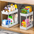 2 Pack Under Sink Storage, 2 Tier Bathroom Cabinet Organizers and Storage with Hook, Under Sink Organizer Multi-purpose Organisation for Kitchen Countertop, 2 Size 1L+1M, White