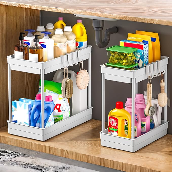2 Pack Under Sink Storage, 2 Tier Bathroom Cabinet Organizers and Storage with Hook, Under Sink Organizer Multi-purpose Organisation for Kitchen Countertop, 2 Size 1L+1M, White