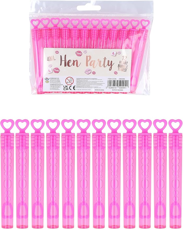 Henbrandt Pack of 12 Hen Night Bubble Wands with Pink Heart Toppers 4ml Bubble Tubes Hen Party Accessories Pink Party Bag Fillers Wedding Favours Team Bride Bubbles for Bridal Shower and Hen Do Favour