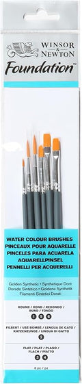 Winsor & Newton Foundation Water Colour Short Handle 6 Pack Brush, Wood, Multicoloured, 7 x 1 x 4.3 cm
