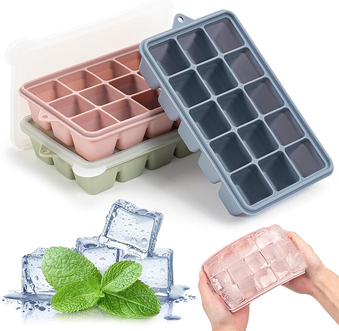 3 Pack Silicone Ice Cube Trays, 15 Square Ice Tray with Lid, Easy Release Ice Cube Moulds for Cocktail, Whiskey, Baby Food, Chocolate, Reusable and BPA Free