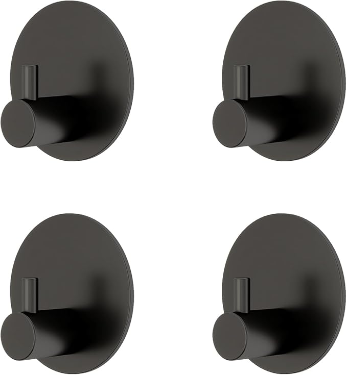 JS Adhesive Hooks Black Towel Holder Self Adhesive Extra Sticky Hook Round Stainless Steel Hanging Stick on No-Nail Hook for Back of Door for Bathrooms Shower Kitchen