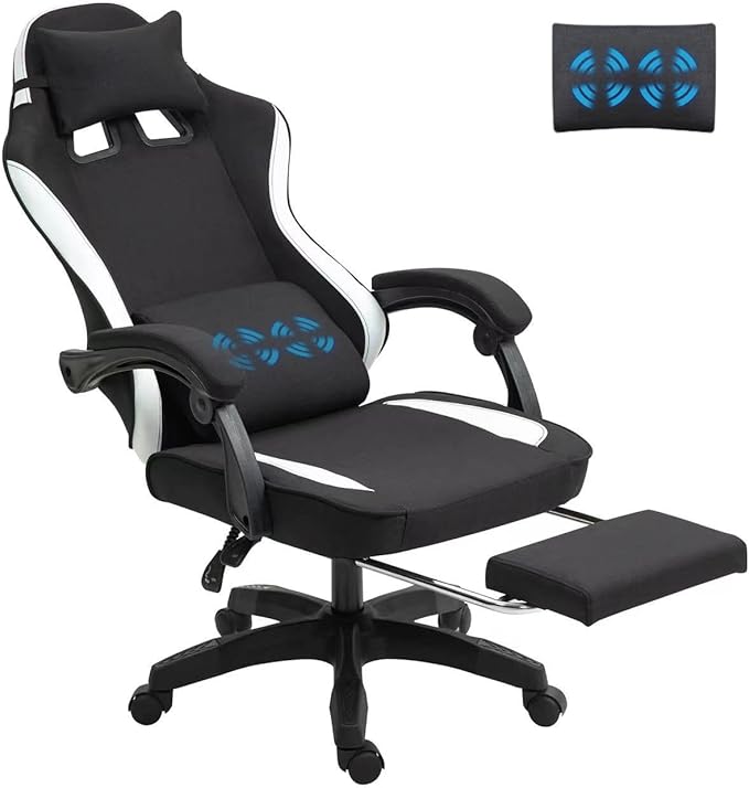 Fabric Massage Gaming Chair, Ergonomic Computer Chair, Video Game Chair, Massage Office Chair, Desk Swivel Chair, Adjustable, Reclining, Footrest, Massage Cushion, Fabric Material, Black, New