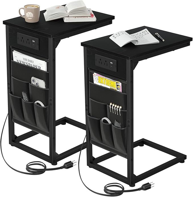 AMHANCIBLE C Shaped End Table with Charging Station, TV Tray Set of 2, Couch Tables with Storage Bag, Slide Under Sofa Side Table with USB Ports and Outlets for Living Room HET04CBK