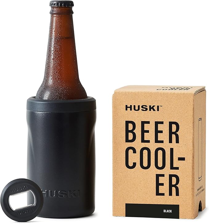 Huski Beer Cooler 2.0 | New | Premium Can and Bottle Holder | Triple Insulated Marine Grade Stainless Steel | Detachable 3-in-1 Opener | Works as a Tumbler | Best Gifts for Beer Lovers (Black)