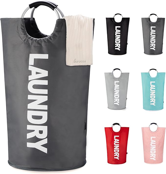Caroeas 90L Collapsible Laundry Basket, Waterproof Laundry Bag (8 Colors) for Baby, Large Washing Basket with Padded Handles Stands Up Well for Easy Storage, Dark grey