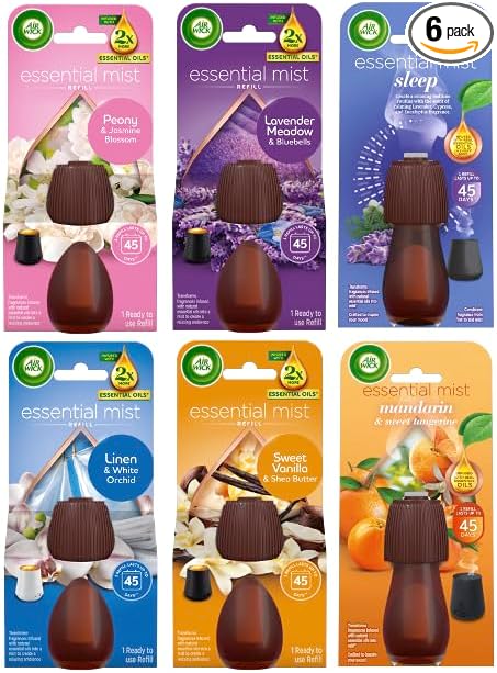 Air Wick Essential Mist Refills, Peony & Jasmine, Lavender, Sleep, Linen & Petals, Sweet Vanilla & Shea Butter, Mandarin & Sweet Orange, Pack 6 x 20ml, (6 different scents - 1 of each)