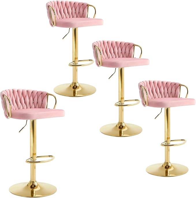 WOLTU Breakfast Bar Stools Set of 4, Kitchen Island Counter Barstools with Armrests and Footrest, Velvet, Pink