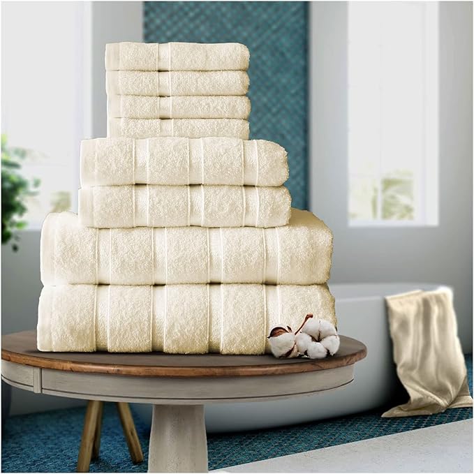 FAIRWAYUK 8-Piece Towels Bale Set for Bathroom, Ultra Soft Premium Quality Water Absorbent Towel Gift Sets, 100% Egyptian Cotton, 4x Face 2x Hand 2x Bath Towels, Cream