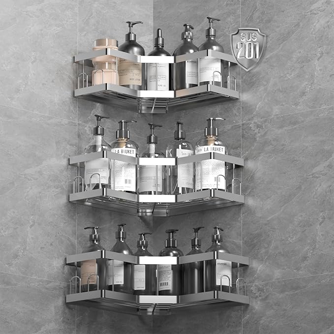AceMining Shower Caddy, 3 Pack Silver Bathroom Shelves, Adhesive Shelf Storage No Drilling, 201 Stainless Steel Shower Organiser, Rust-Resistant Caddy Corner, Soap Holder, Bathroom Accessory