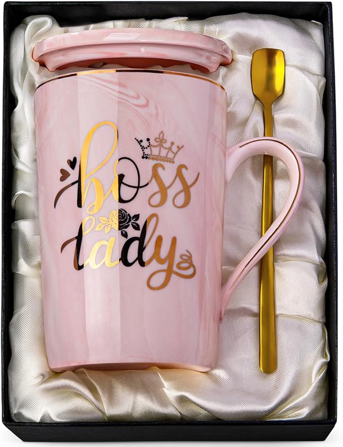 Boss Lady Gifts, Best Boss Gifts for Women, Birthday Gifts for Boss Lady - 14oz Pink Marble Ceramic Coffee Mug - Friend Gifts, Sister Gift, Women Birthday Gifts with Gift Box
