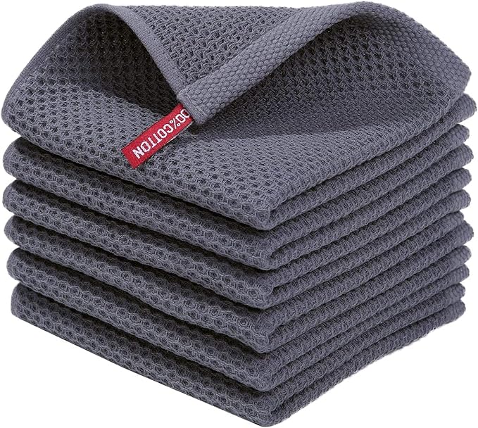 100% Cotton Kitchen Cleaning Cloths, Highly Absorbent Soft Dish Cloths, Quick Drying Kitchen Accessories for Washing Up, Pack of 6, 30 x 30 cm, Dark Grey