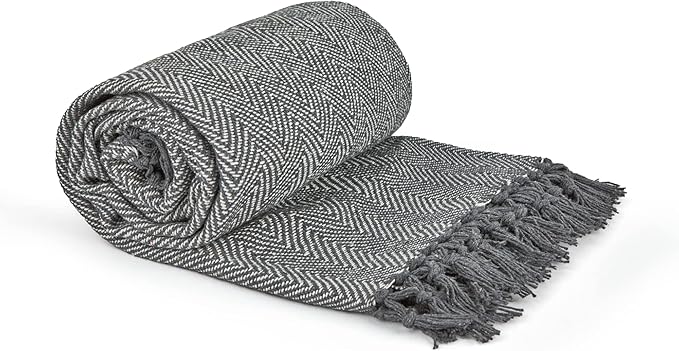 Emma Barclay Herringbone - Recycled Cotton Patterned Chair Sofa Setee Bed Throw Over Blanket in Silver Grey - 50x60 (127x152cm)