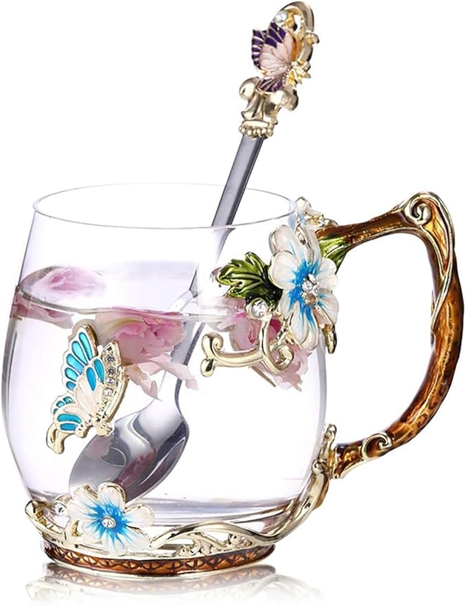 Luka Tech Handmade Enamel Butterfly Flower Glass Coffee Mugs Tea Cup with Spoon,Birthday Gifts for Her Women Mum Friends Valentines Mothers Day