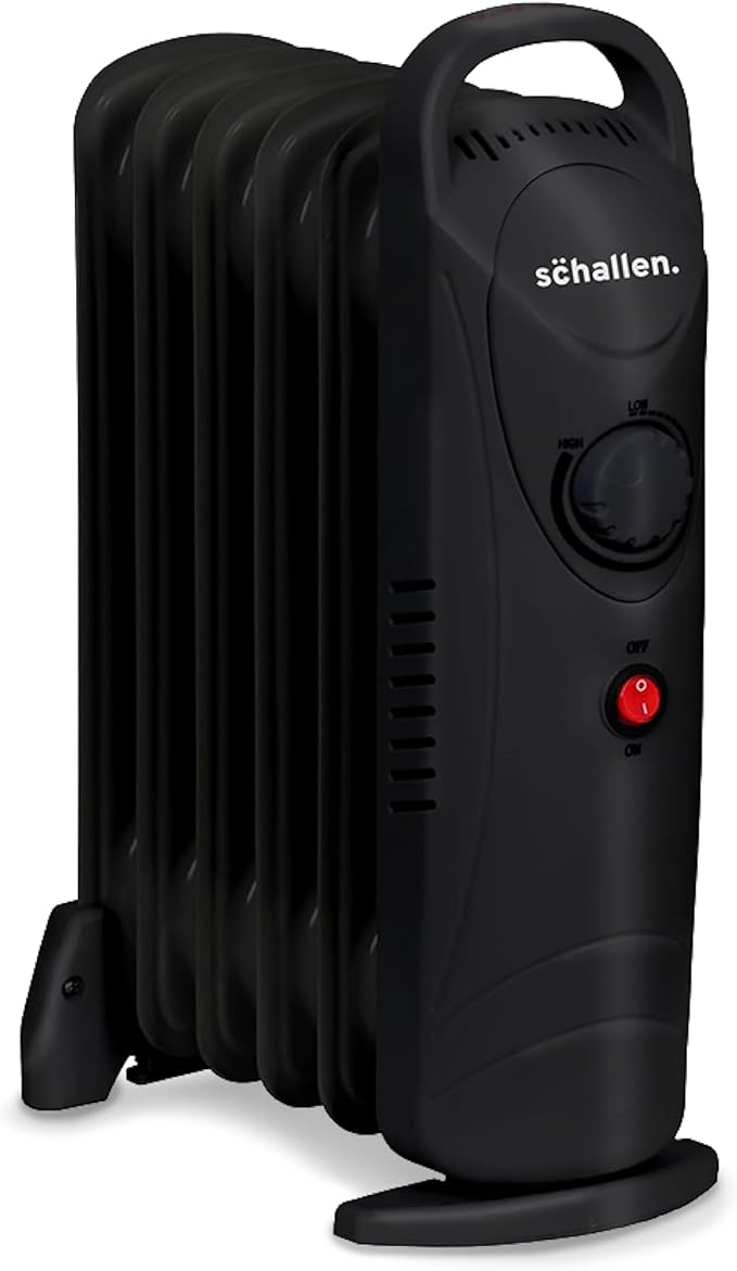 Schallen 800W 6 Fins Black Portable Electric Slim Oil Filled Radiator Heater with Adjustable Temperature Thermostat, Modern Fast Home Heating (Black, 800W)