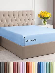 King Fitted Bed Sheet – Deep Pocket – Fits Mattress up to 30cm (12") – Soft Brushed Microfiber – OEKO-TEX Certified – Fade & Shrink Resistant – Bottom Sheet – Easy Care – Light Blue Colour, 150x200cm
