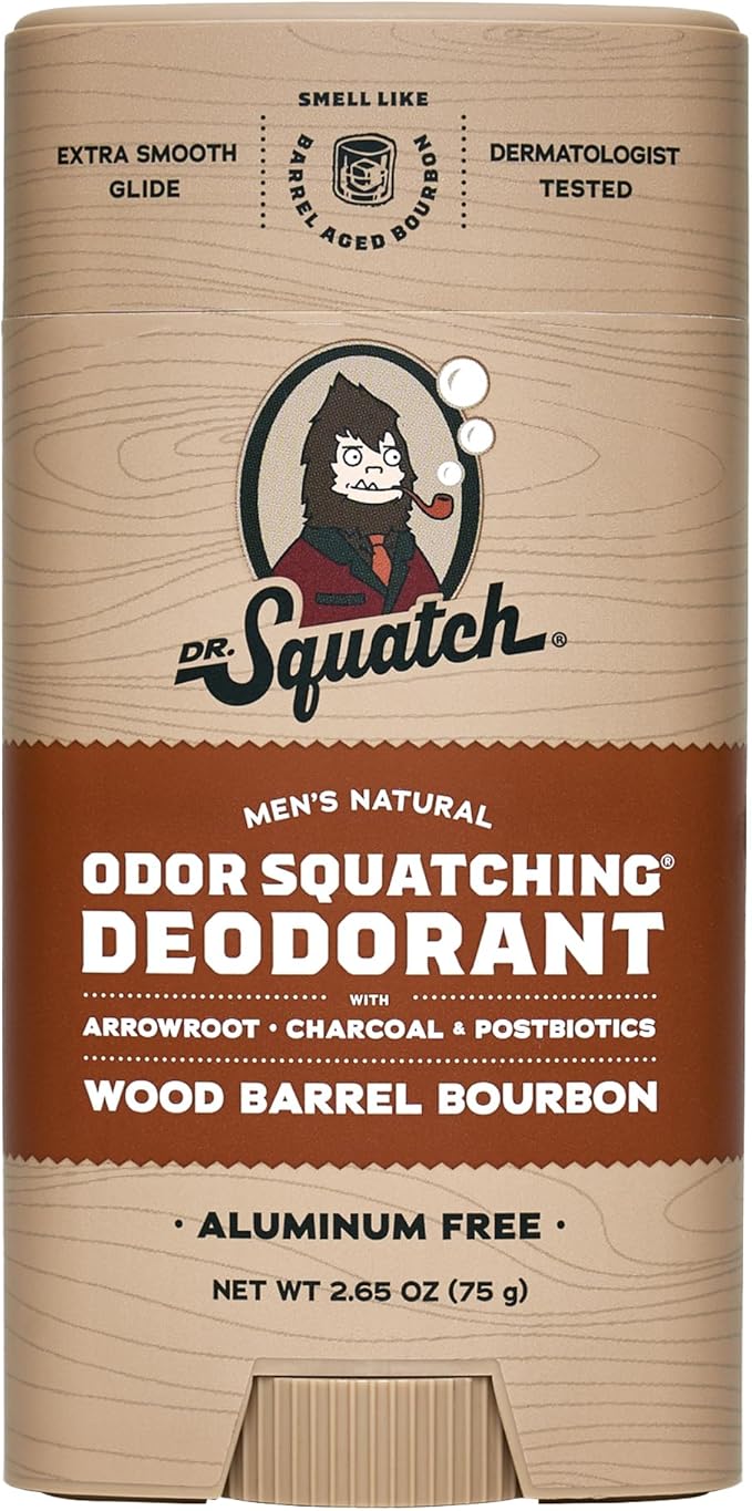 Dr. Squatch Natural Men’s Deodorant – Aluminium Free Natural Deodorant For Men with Charcoal & Postbiotics for 72-Hour Odor Protection – Wood Barrel Bourbon, 75g Stick (1-pack)