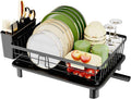 Dish Drainer Rack with Drip Tray, Sink Dish Drainer with Drainage Spout, Stainless Steel Dish Drying Rack with Cups, Utensil & Cutting Board Holders for Kitchen Counter Space-Saving, Black