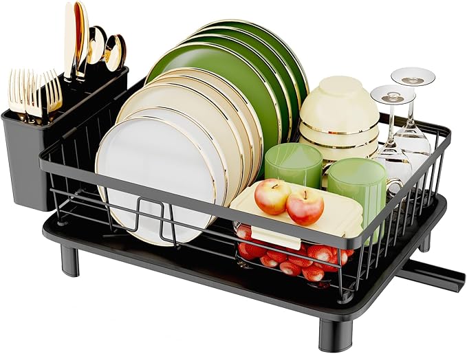 Dish Drainer Rack with Drip Tray, Sink Dish Drainer with Drainage Spout, Stainless Steel Dish Drying Rack with Cups, Utensil & Cutting Board Holders for Kitchen Counter Space-Saving, Black