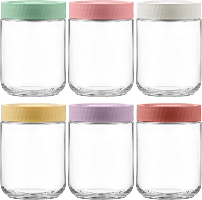 6-Pack 500ml Glass Jars with Airtight Lids – Meal Prep Containers for Overnight Oats, Yogurt, Pudding, Cereal, Salad & Snacks – Clear Kitchen Food Storage Jars, Portion Control (6 Colors)