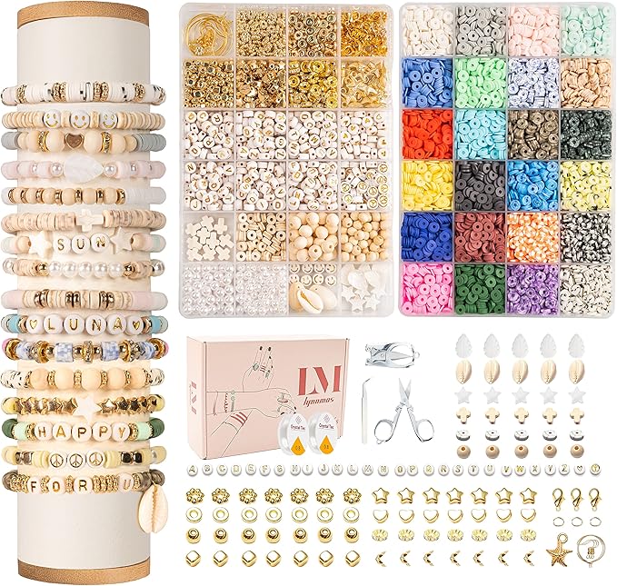 Clay Beads 8000 Pcs 2 Boxes Bracelet Making Kit - 24 Colors for Bracelet Making Set - Heishi Disc Beads for Jewelry Making kit with Charms and Gift Pack for Girls