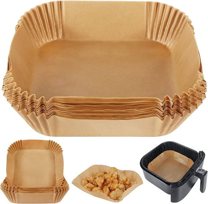 BYKITCHEN Air Fryer Parchment Paper Liner, 50PCS Square Air Fryer Liners Disposable, Greaseproof Paper, Compatible with COSORI, Ninja, Tefal, Russell Hobbs Fryers (Unbleached)