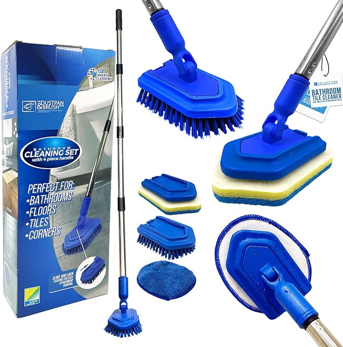 Bathroom Tile Cleaner Shower Cleaning Brush, Multi-section Long Handled Scrubbing Brush with Replaceable Stiff Bristle Tub and Tile Scrubber, Shower Cleaner Sponge Scourer, and Microfibre Pad