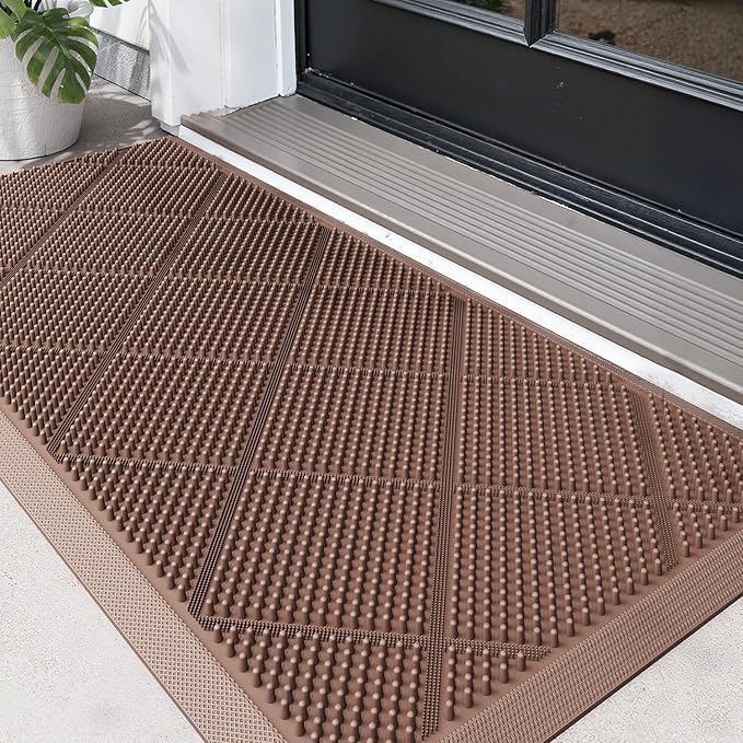 DEXI Door Mat, Non-slip Heavy Duty Dirt Scraper Outdoor Mats with Drainage Holes, Waterproof Low Profile Doormats Outside for Entrance, Patio, Garden, 43 x 90 cm, Brown