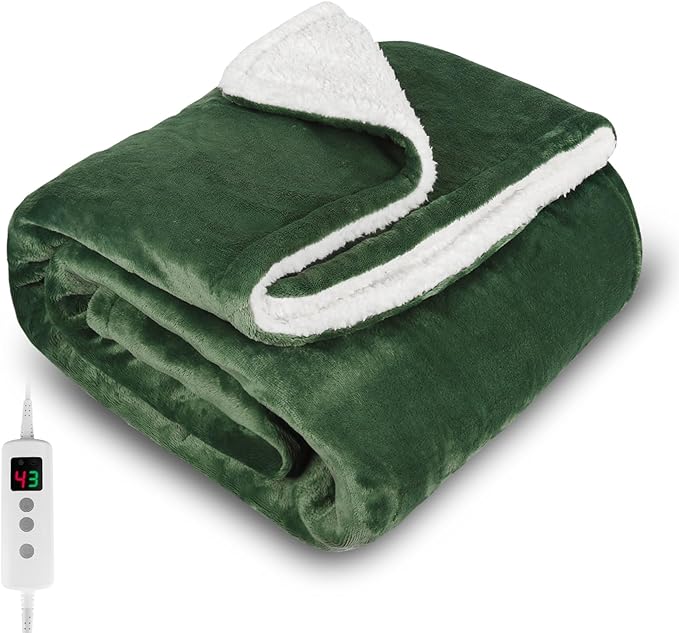 Heated Blanket, Electric heated throw 160x130CM Green, 10 Levels &1-9H Timer Auto-Off, Machine Washable, Soft Flannel Sherpa and Full Body Warming, Sofa Bed Office Use, warm blanket, electric