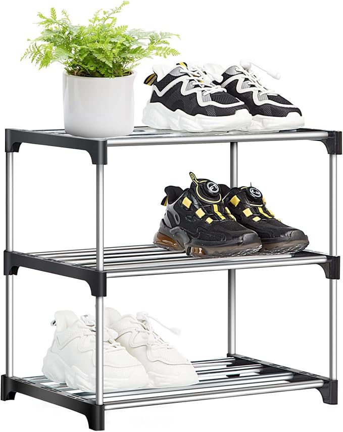 Shoe Rack Stackable Small Shoe Racks 3 Tier Footware Storage, Slim Shoe Rack Storage Organizer, Durable Metal Shoe Shelf for Closet Entryway Hallway Bedroom Quick Assembly