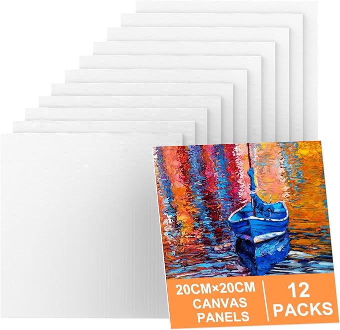 Canvas for Painting 20 x 20cm, 12 Packs Small Canvases for Painting Cotton Acid-Free for Acrylic & Oil Paint & Wet Water Art Media, Hobby Painters and Beginner