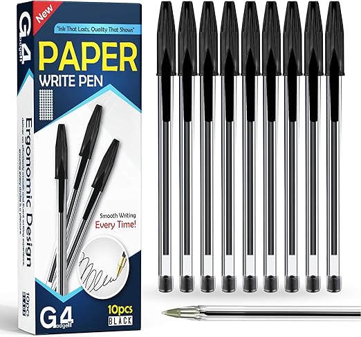 G4GADGET Premium Pack of 10 Black Biro Ballpoint Pens - Medium Tip for Fluent, Smooth Writing - Professional Quality Pens for Home, Office, and School Use - Long-Lasting Ink and Ergonomic Design