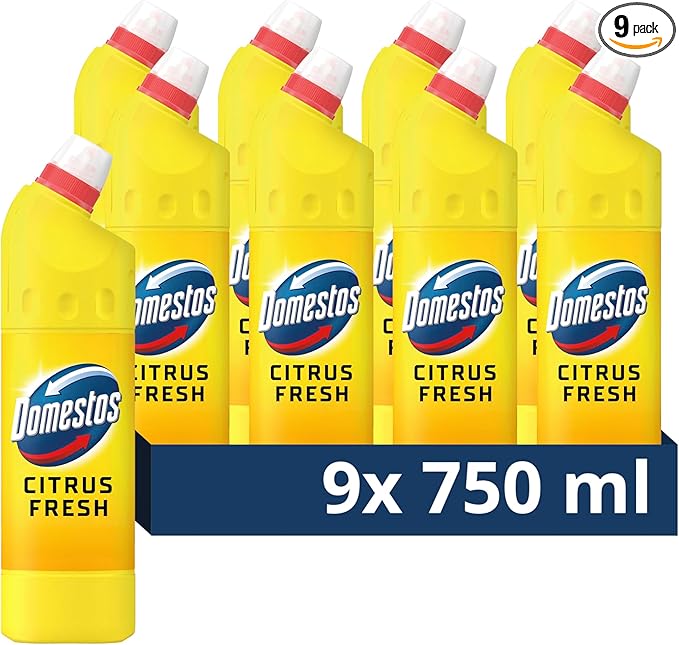Domestos Citrus Fresh Thick Bleach disinfectant that eliminates 99.99% of bacteria and viruses* unstoppable limescale prevention 9x 750 ml