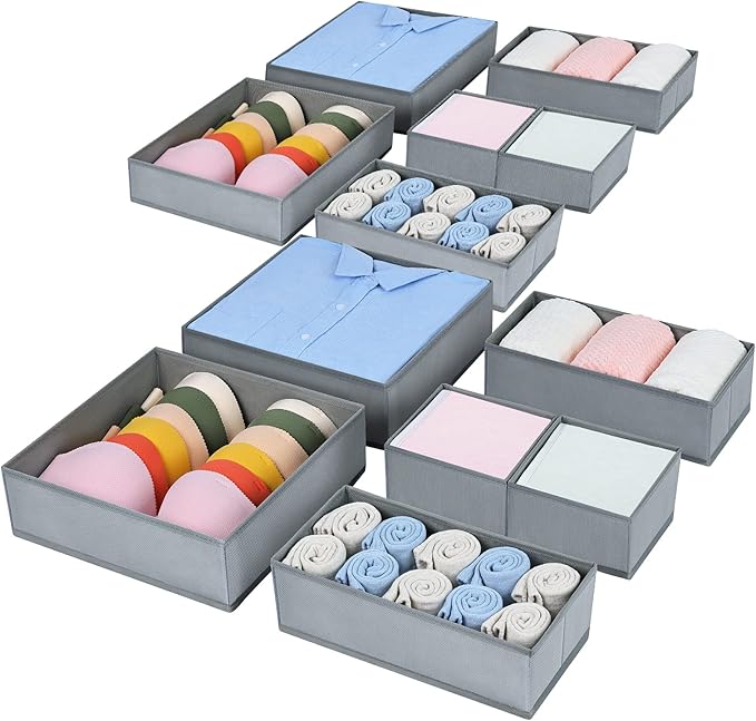 12 Pack Drawer Organisers Foldable Storage - Fabric Drawer Dividers Box Wardrobe Organiser Cubes for Clothes, Socks, Underwear, T-shirt, Bedroom (Light Grey)