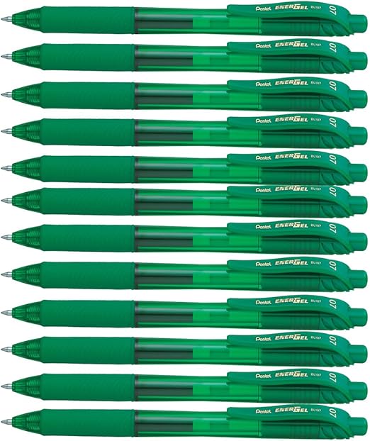 Pentel EnerGel BL107-D Gel Ink Roller Ball Pen with Click Top Stroke, 0.35 mm - Green (Pack of 12)