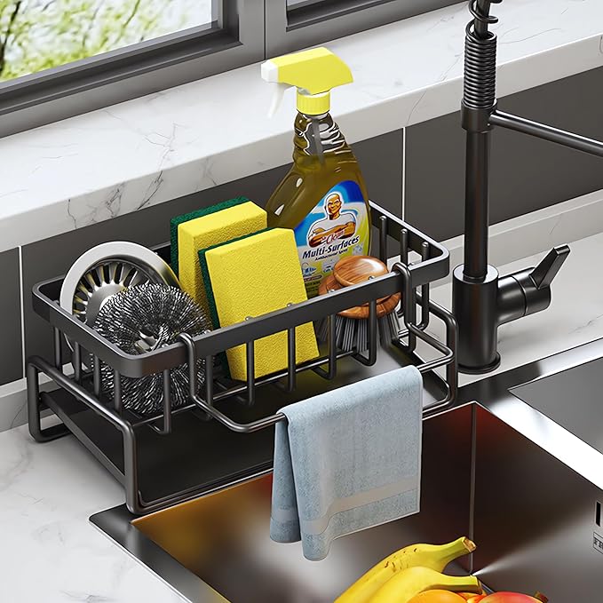 Sink Caddy - Kitchen Storage & Organisation Organiser with Sponge Holder & Sink Tidy (Black)