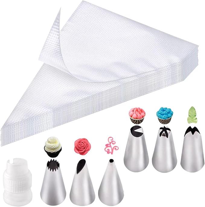 Piping Bag and Nozzles Set with Coupler, 100 Pcs Disposable Piping Bags, Large Decorating and Pastry Bags, Clear Piping Bags for Cake Cupcake Dessert Cookies Decoration
