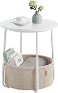 VASAGLE LET223W10 Small Round Coffee Table, Side Table with Fabric Basket, Storage for Living Room, Bedroom, Modern Style, Matte White and Camel Brown