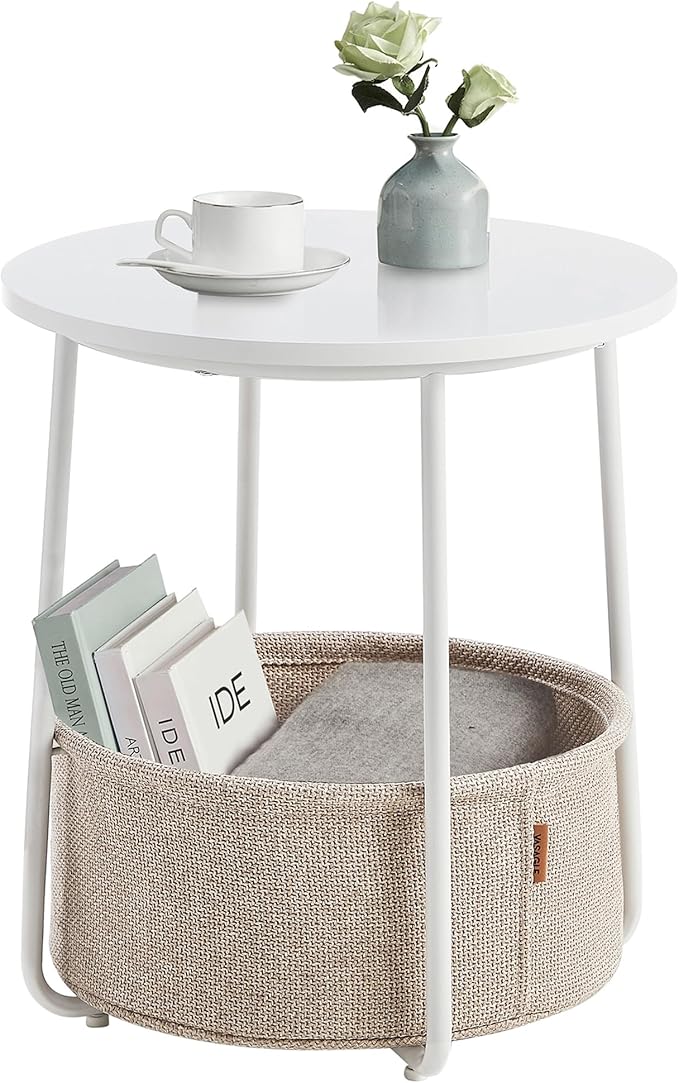 VASAGLE LET223W10 Small Round Coffee Table, Side Table with Fabric Basket, Storage for Living Room, Bedroom, Modern Style, Matte White and Camel Brown