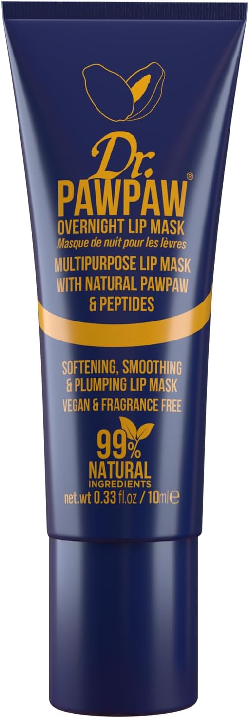 Dr.PAWPAW Overnight Lip Mask 10ml, Natural Hydrating Lip Treatment with Pawpaw Aloe Vera Olive Oil and Peptides, Vegan Balm to Smooth and Plump Lips Overnight
