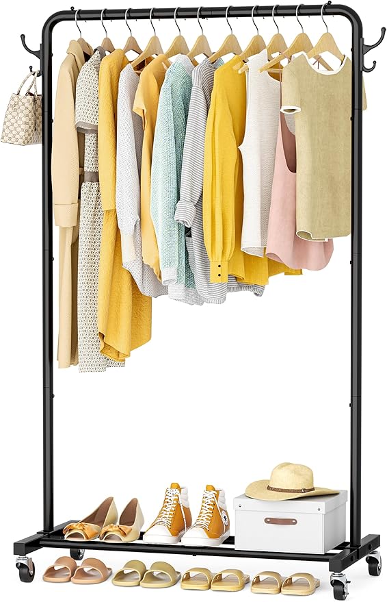HOMIDEC Clothes Rail, Metal Clothes Rack with 4 Side Hooks, Bottom Storage Shelf and Wheels, Heavy-Duty Clothing Rail Holds Up to 40kg, Clothes Rails for Bedroom, Hallway, Clothing Stores, Black