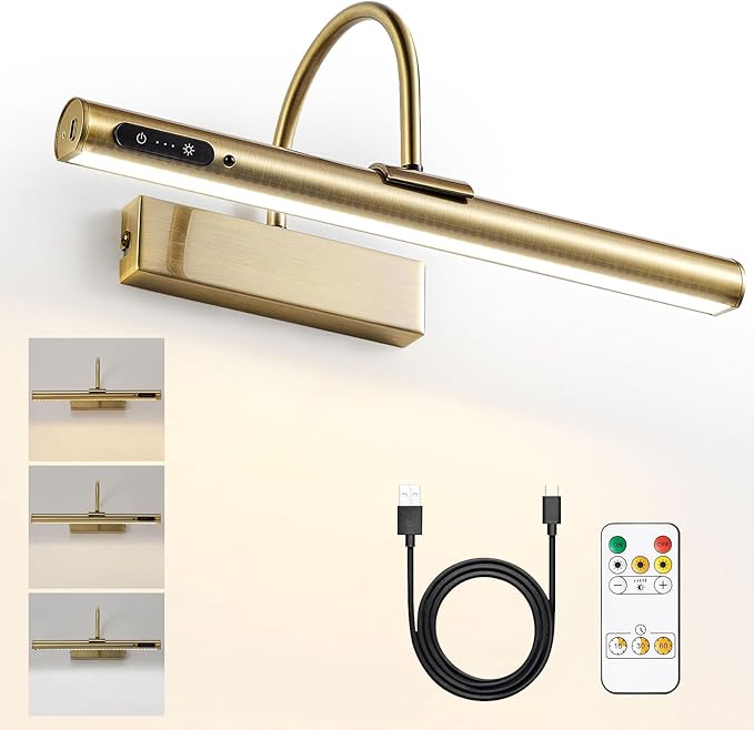 HARPER LIVING Picture Light for Wall Antique Brass, Rechargeable Picture Light with Remote, Dimmable & 3 Color Temps, Magnetic Battery Operated Wall Lights for Dartboard Frame Gallery[Energy Class D]