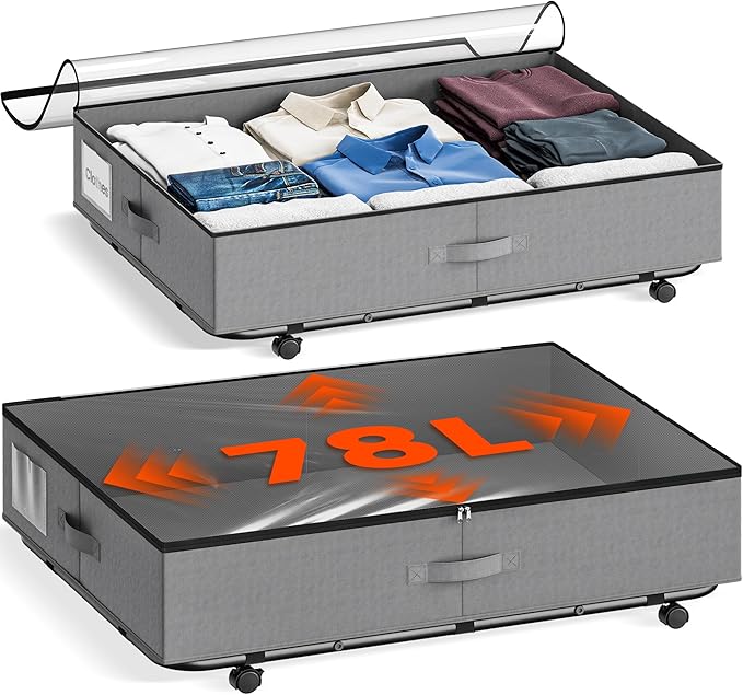 XXXL 78L Under Bed Storage on Wheels, 2-Pack Rolling Storage Containers with Clear Lid & Label, Heavy-Duty Metal Frame, Easy Pull-out, Underbed Storage Bins for Clothes, Shoes, Blankets, and Toys