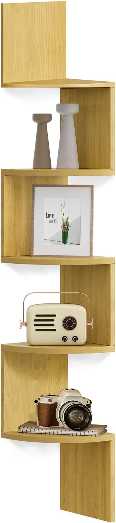 VASAGLE 5-Tier Corner Shelf, Display Floating Shelf in Living Room, Study, Kitchen, Bedroom, for Plants, CDs, Decorations, Modern, Natural Oak LBC072Y70