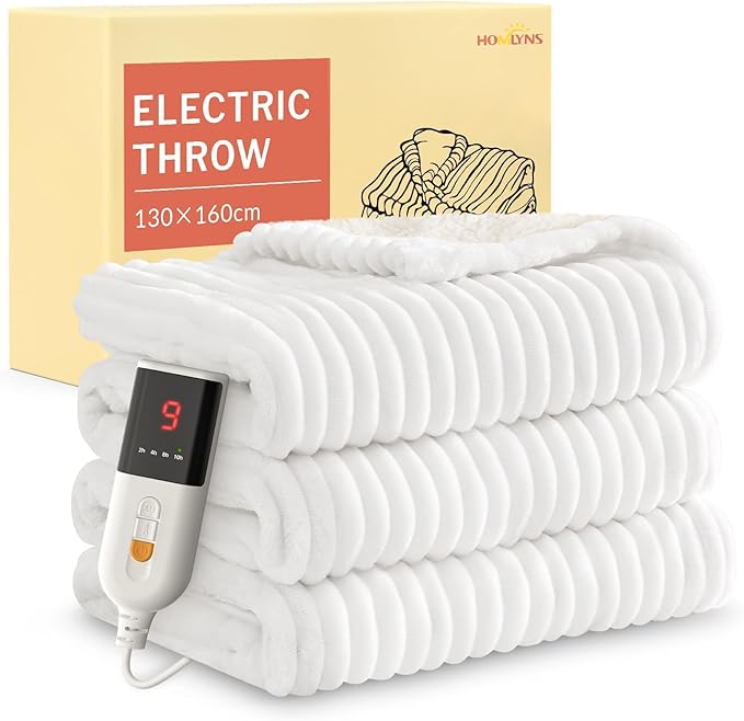 HOMLYNS Electric Heated Blanket Throw, 160 x 130cm Cozy Soft Flannel & Sherpa Heating Blankets with 9 Fast Heat Levels & 2-10 Hours Timer, Warm Gifts for Women Mom Grandma, UKCA Certified, White