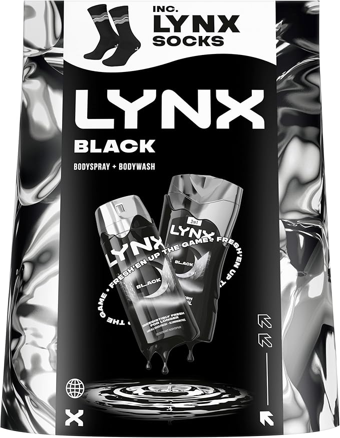 Lynx Gift Set Black Duo with a body wash, a body spray and Socks perfect for any occasion 2 piece