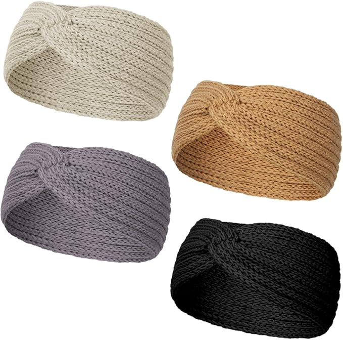LOPHE Winter Headbands,4 Pcs Knitted Ear Warmers Headbands, Thermal Soft Cable Knit Head Wrap for Women, Warm Twist Design for Sports Skiing Running and Daily Winter Use