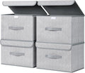 Foldable Storage Boxes with Lids - 4 Pack Wardrobe Organiser Bin with Handle Fabric Basket Containers for Clothes, Book, Shelf, Office - Heather Grey