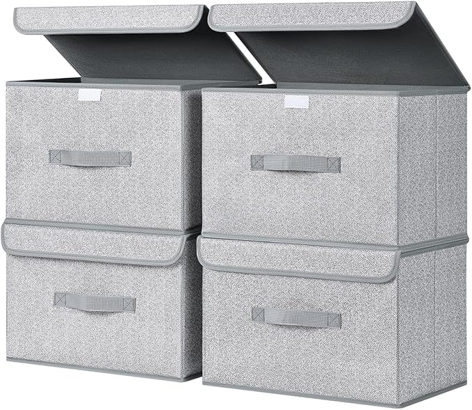 Foldable Storage Boxes with Lids - 4 Pack Wardrobe Organiser Bin with Handle Fabric Basket Containers for Clothes, Book, Shelf, Office - Heather Grey